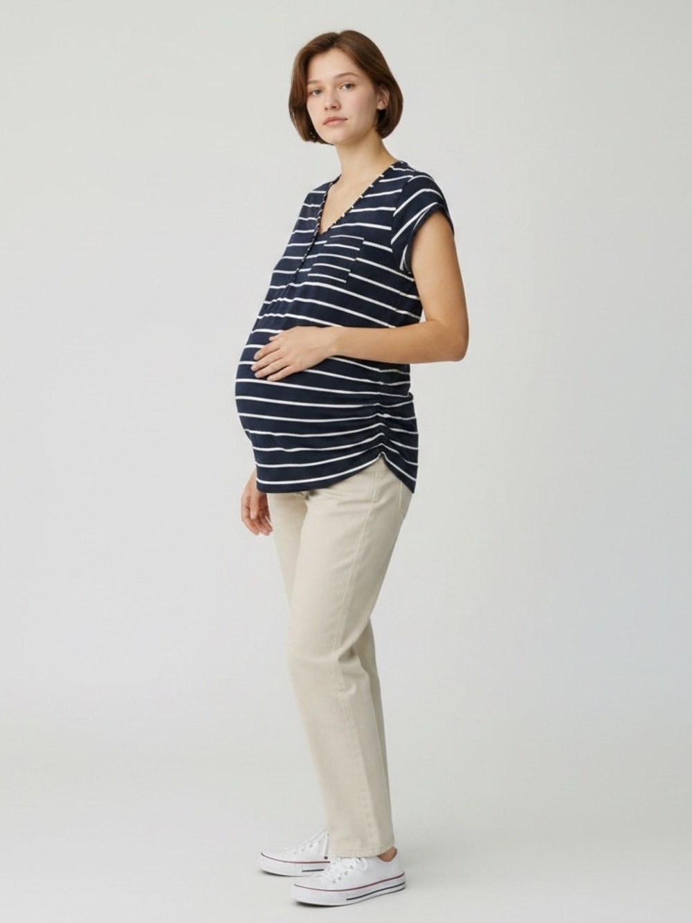 Maternity Loves Life M Striped Navy V-Neck Tunic Top